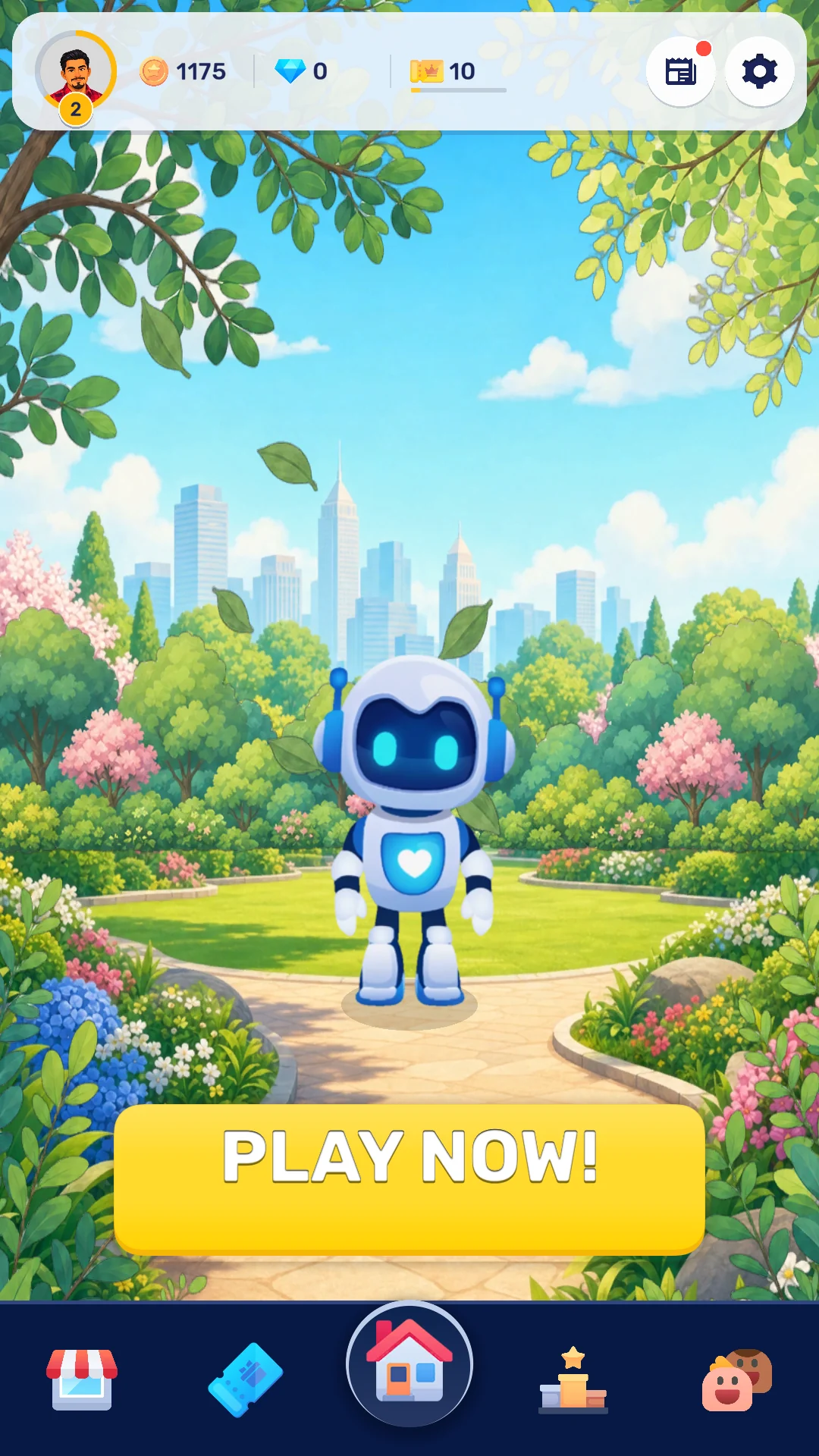 TriviAI home screen with the robot mascot in a sunny park
